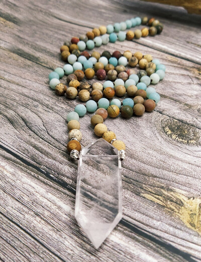 Natural Jasper, Amazonite & Clear Quartz Wand Necklace