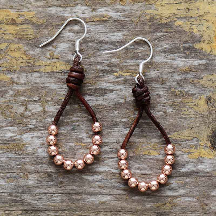 Natural Leather & Metal Beads Dangle Earrings