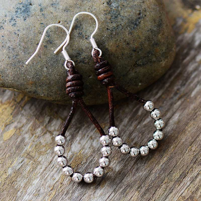 Natural Leather & Metal Beads Dangle Earrings