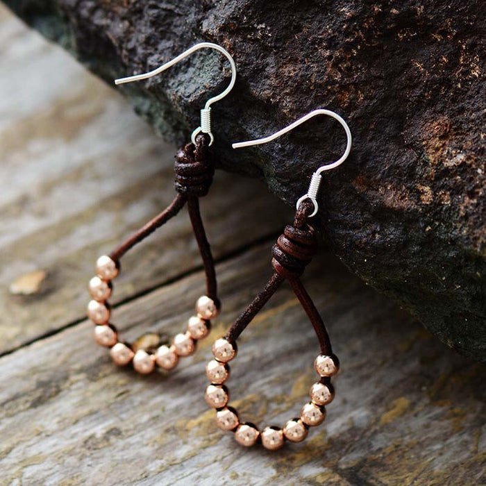 Natural Leather & Metal Beads Dangle Earrings