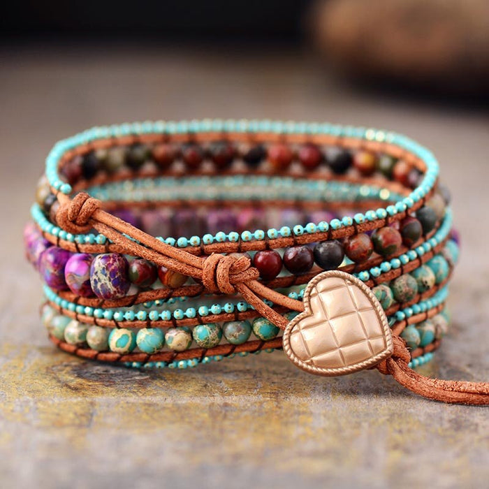 Natural Mixed Jasper Stones Leather Wrap Bracelet