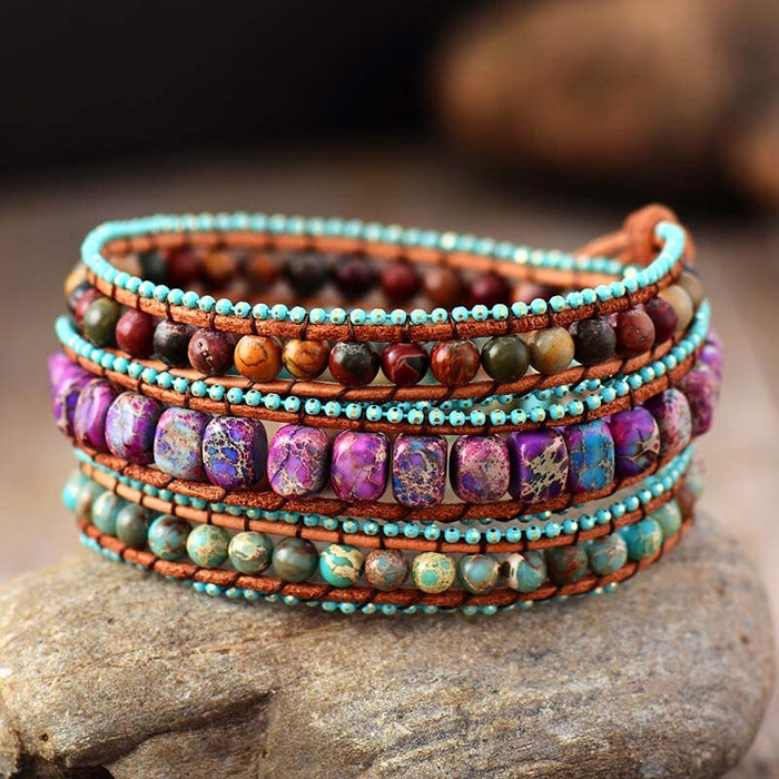 Natural Mixed Jasper Stones Leather Wrap Bracelet