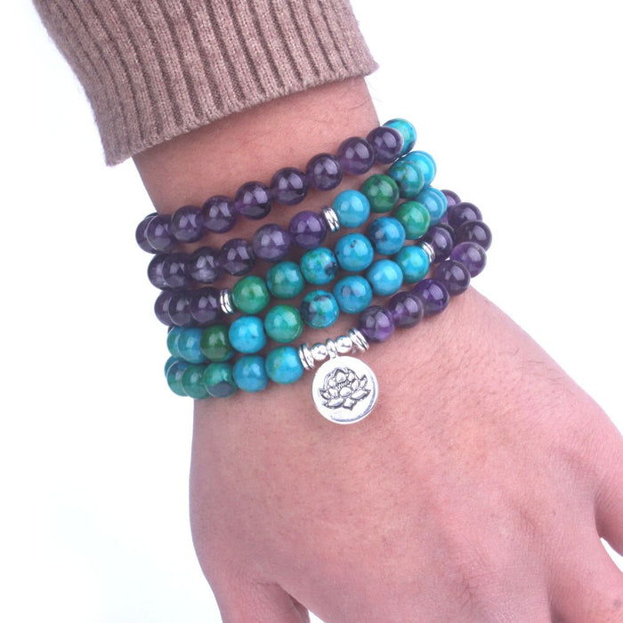 Natural Phoenix Stone & Amerthyst 108 Beads Mala Necklace / Bracelet