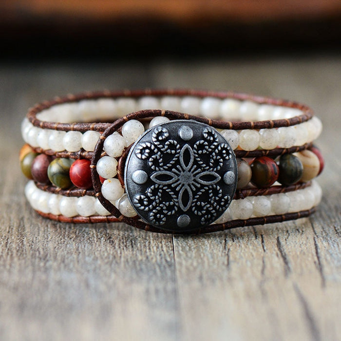 Natural Picasso Jasper & Labradorite Leather Wrap Bracelet
