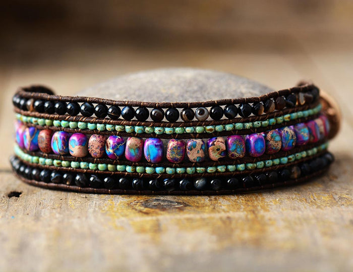 Natural Purple Jasper, African Turquoise & Black Agate Leather Wrap Bracelet