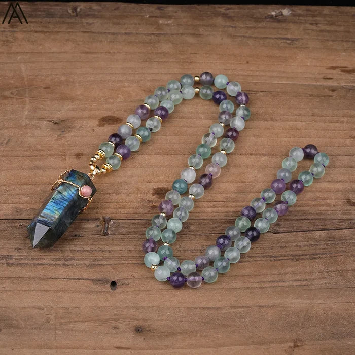 Natural Rainbow Fluorite & Labradorite Point Pendant Necklace