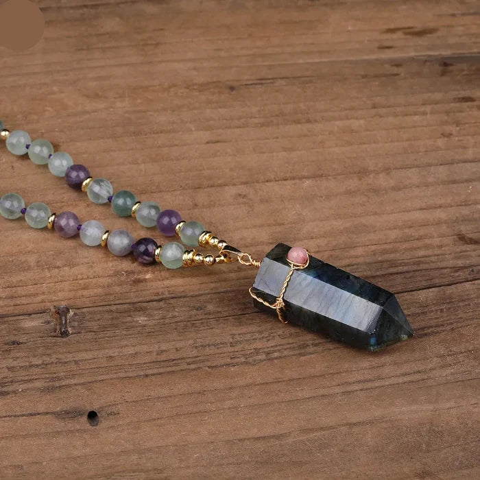 Natural Rainbow Fluorite & Labradorite Point Pendant Necklace