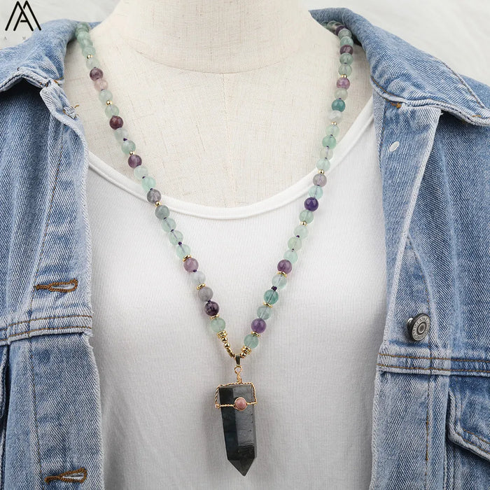 Natural Rainbow Fluorite & Labradorite Point Pendant Necklace