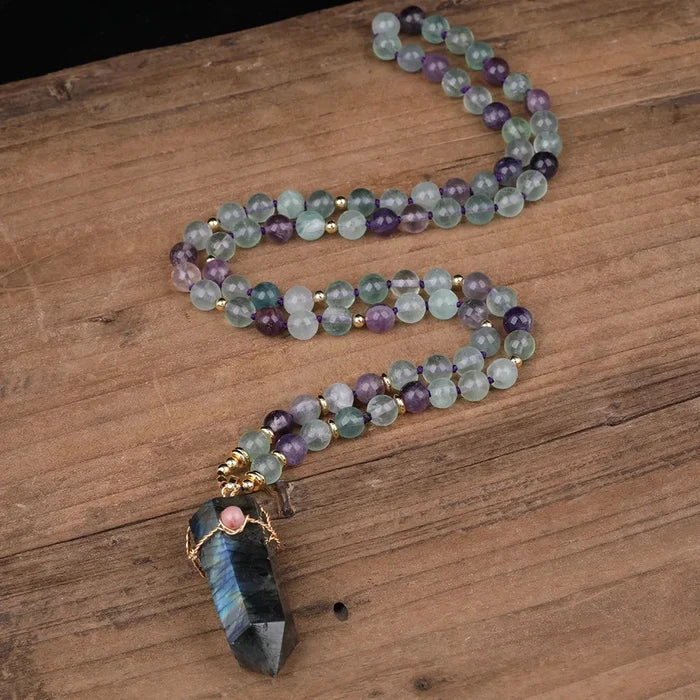Natural Rainbow Fluorite & Labradorite Point Pendant Necklace