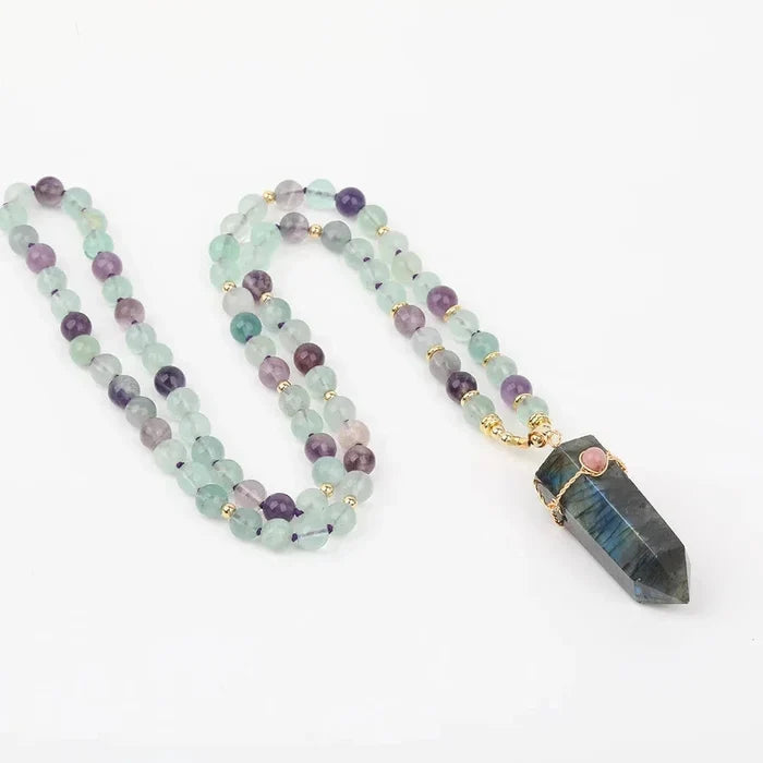 Natural Rainbow Fluorite & Labradorite Point Pendant Necklace