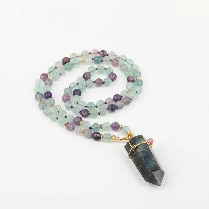 Natural Rainbow Fluorite & Labradorite Point Pendant Necklace