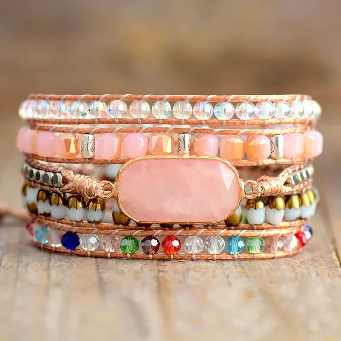 Natural Rose Quartz & Bling Crystals Wrap Bracelet