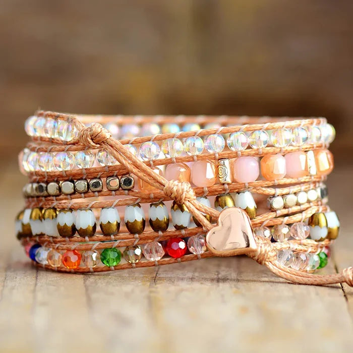 Natural Rose Quartz & Bling Crystals Wrap Bracelet