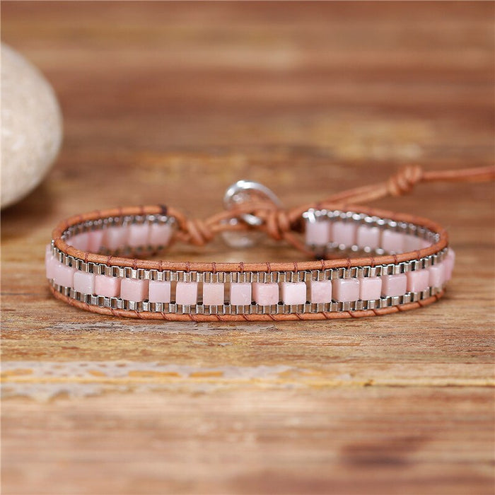 Natural Rose Quartz Leather Wrap Bracelet