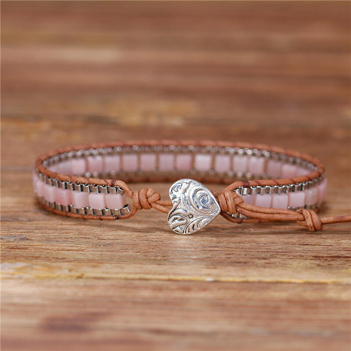 Natural Rose Quartz Leather Wrap Bracelet