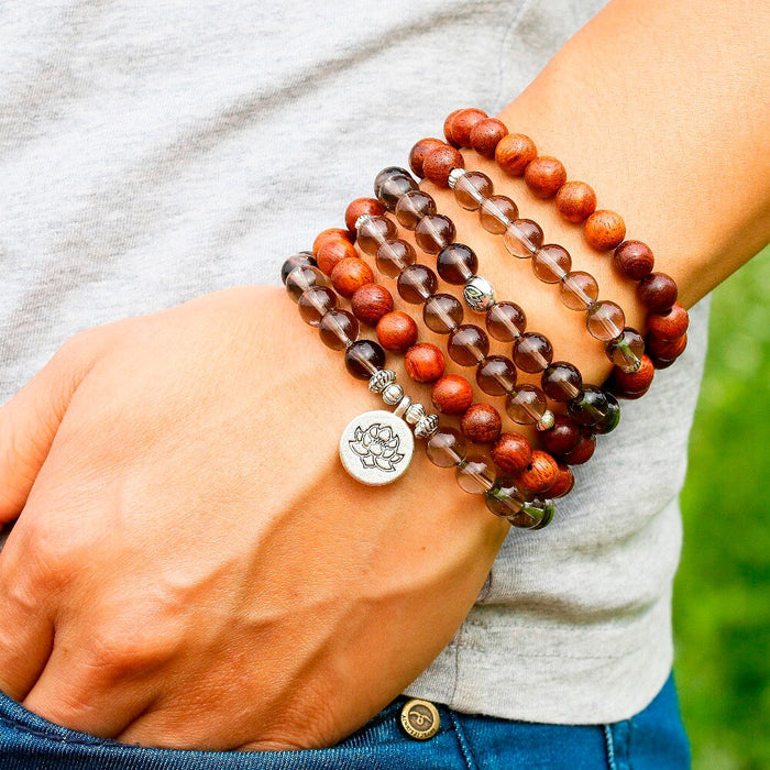 Natural Smoky Quartz & Wood 108 Mala Beads Necklace / Bracelet