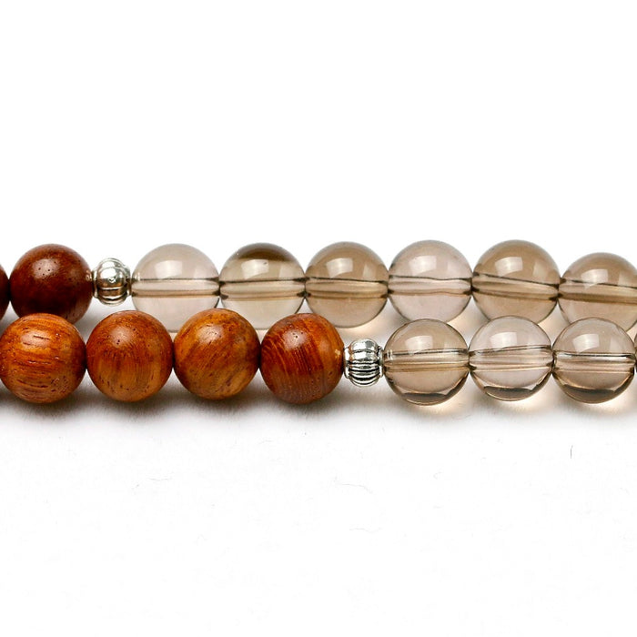 Natural Smoky Quartz & Wood 108 Mala Beads Necklace / Bracelet