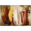 NDCver DIY fly tying kit with tan, yellow bucktail, ostrich plumes, copper flashabou, and thread for tying scud flies