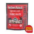Northwest Naturals Rabbit Recipe freeze-dried cat food pouch, 11 oz., highlights 98% rabbit content, grain-free, no added antibiotics, ideal for sensitive cats.