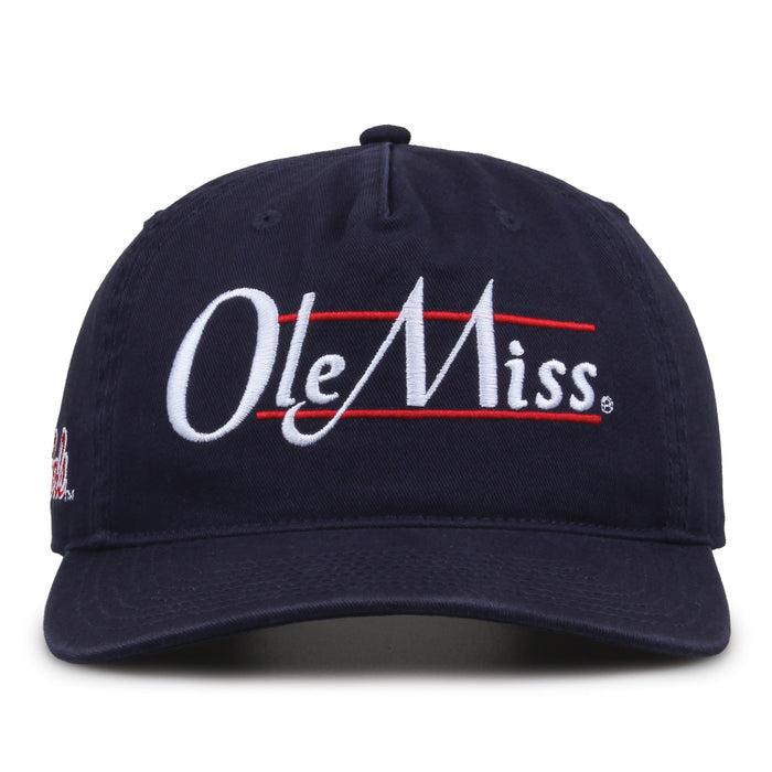Ole Miss Rebels Original Heritage Bar Snapback in navy, front view of embroidered school script and bar design