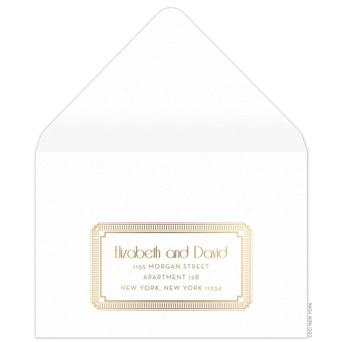 Gold deco line decorative border holding deco and block copy on the front of the white reply envelope.