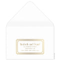 Gold deco line decorative border holding deco and block copy on the front of the white reply envelope.