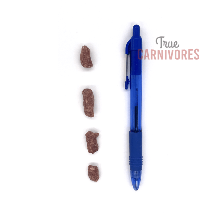 Four irregularly-shaped brown nuggets of One Ingredient Freeze Dried Duck Bites 60g, alongside a blue pen for scale, highlight their compact size.