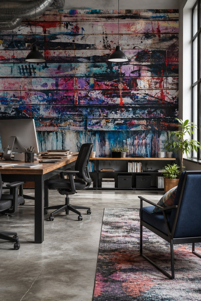 Paint Splattered Planks wall mural in a home office