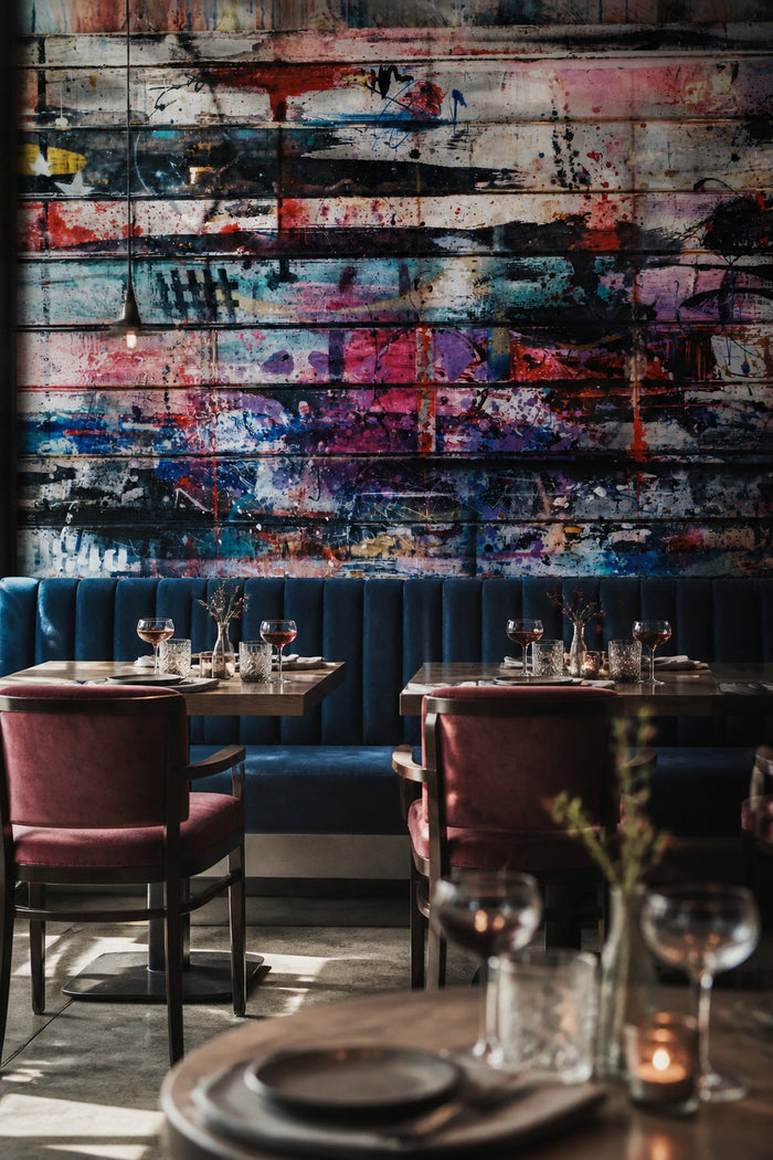 Paint Splattered Planks wall mural in a dining room