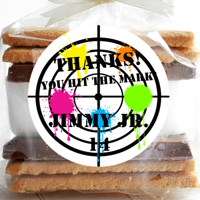 Neon paint splatter paintball birthday sticker with bullseye target