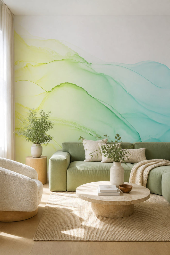 Paradise Green Ink Utopia mural in a living room by a window