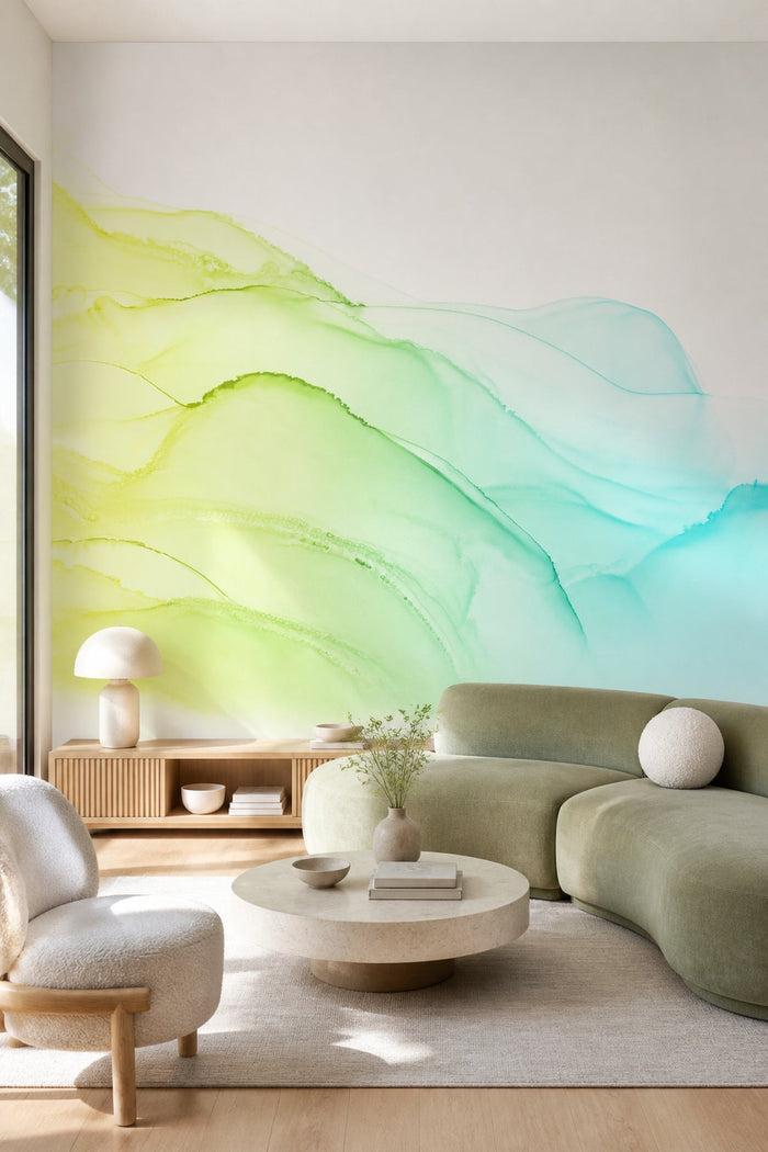 Paradise Green Ink Utopia mural in a living room with sage sofa