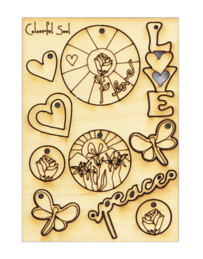 Colorful Soul wooden cutouts of love, peace, and hearts