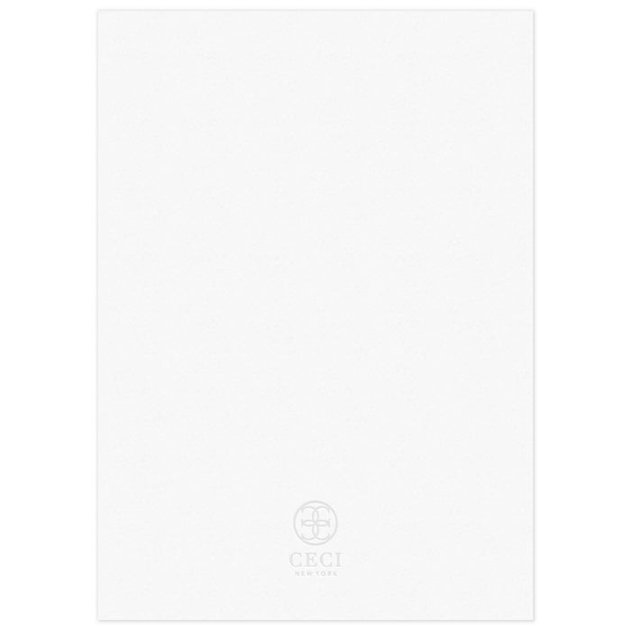 White blank back of a save the date with a gray Ceci New York circle logo at the bottom.White blank back of a save the date with a gray Ceci New York circle logo at the bottom.