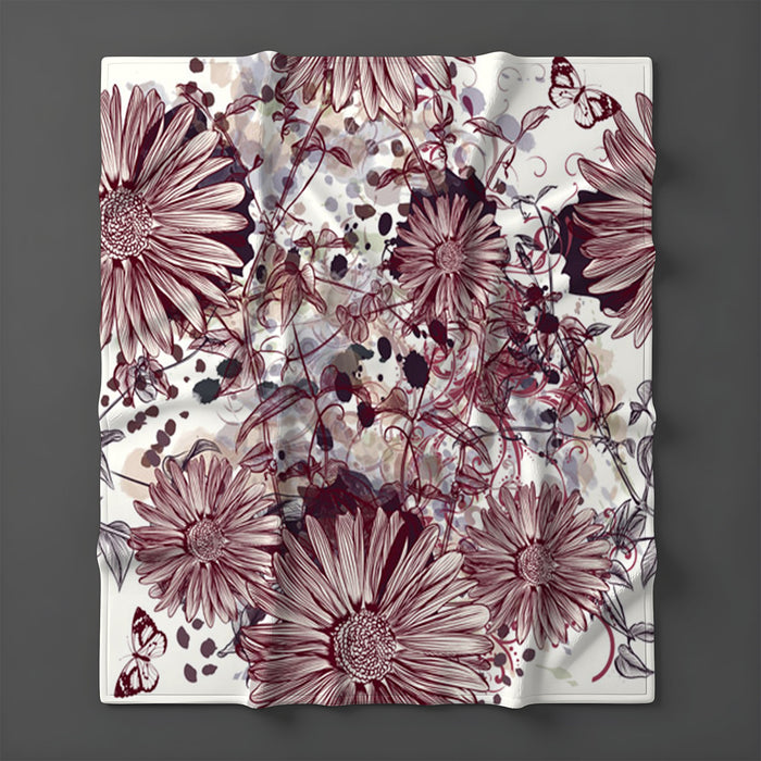 Pink Floral Sketch Garden Pattern Fleece Sherpa Blanket