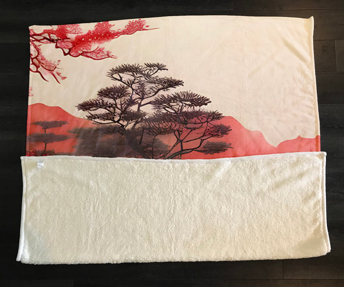 Pink Japanese Landscape Artwork Fleece Sherpa Blanket