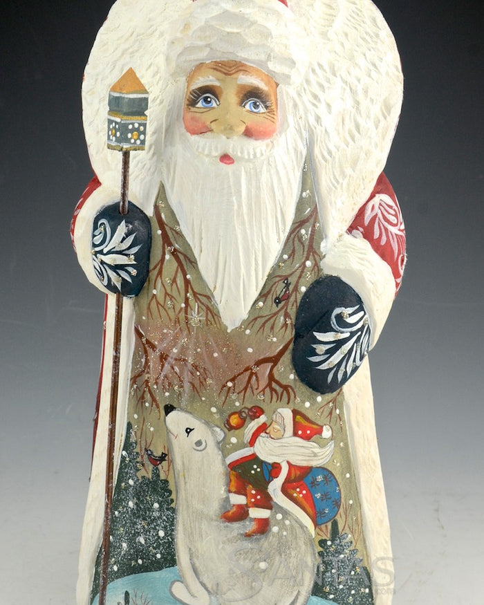 Polar Bear Journey Red Russian Carved Santa 10 inch