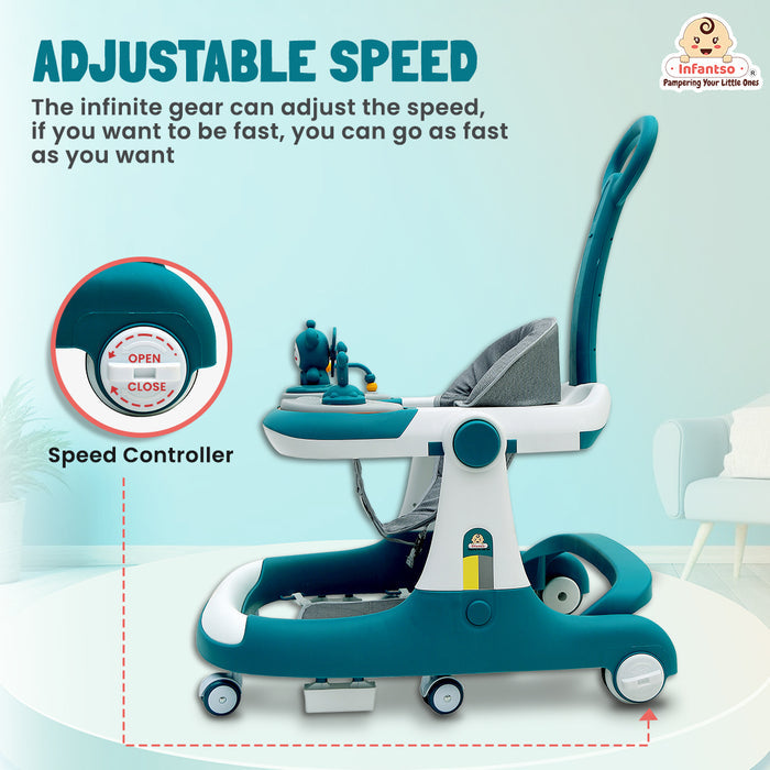 Premium Rectangular 4-in-1 Multi-functional Baby Walker: Walker, Bouncer, Feeding Tray, & Push Toy - Adjustable Speed & Height, Anti-Fall Brakes - 6-24 Months