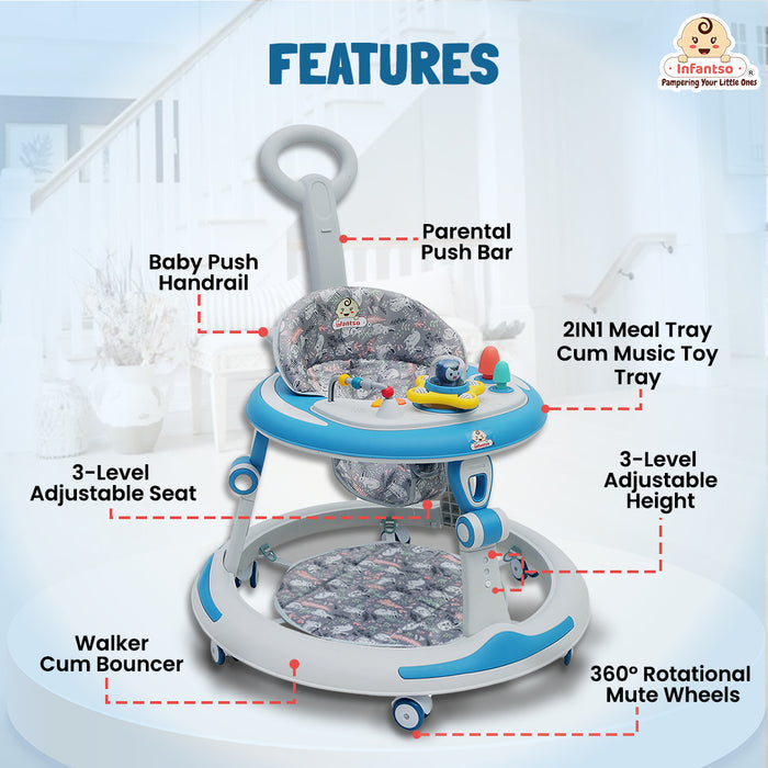 Premium Round 4-in-1 Multi-functional Baby Walker with 3-level height adjustment and 3-level cushion seat adjustment - Walker, Bouncer, Feeding Table and Parental Push bar, 6 Months to 24 months - 15kgs