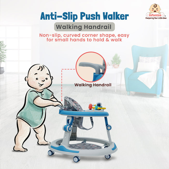 Premium Round 4-in-1 Multi-functional Baby Walker with 3-level height adjustment and 3-level cushion seat adjustment - Walker, Bouncer, Feeding Table and Parental Push bar, 6 Months to 24 months - 15kgs