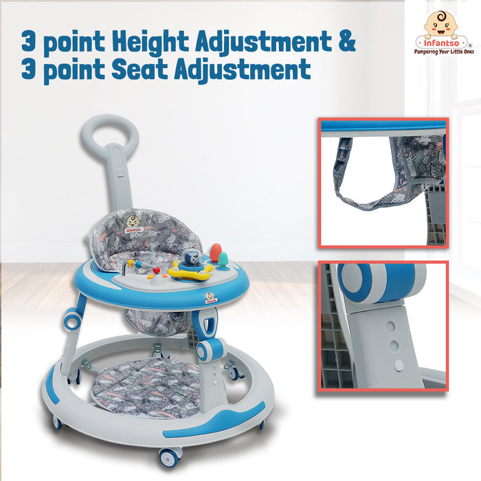 Premium Round 4-in-1 Multi-functional Baby Walker with 3-level height adjustment and 3-level cushion seat adjustment - Walker, Bouncer, Feeding Table and Parental Push bar, 6 Months to 24 months - 15kgs