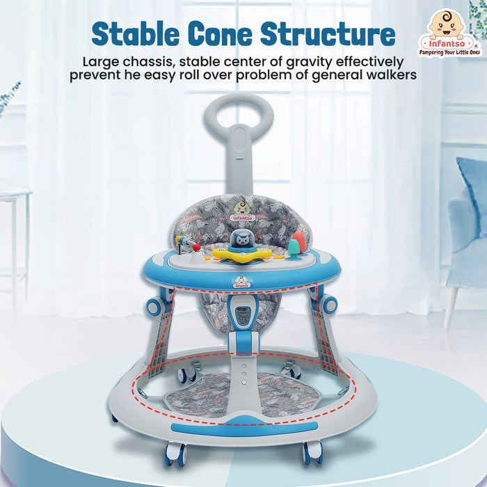 Premium Round 4-in-1 Multi-functional Baby Walker with 3-level height adjustment and 3-level cushion seat adjustment - Walker, Bouncer, Feeding Table and Parental Push bar, 6 Months to 24 months - 15kgs