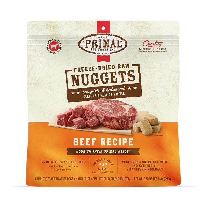 Primal Freeze Dried Beef for Dogs: 14 oz bag of freeze-dried raw nuggets, featuring grass-fed beef. Complete, balanced meal or mixer with easy portioning nuggets.