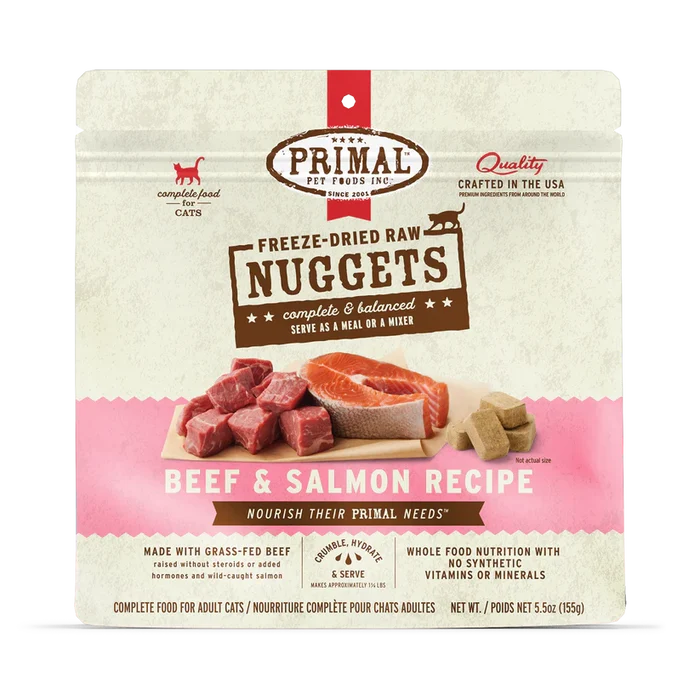 Primal Freeze Dried Beef & Salmon for Cats in a 5.5 oz pouch; freeze-dried raw nuggets made from grass-fed beef and wild-caught salmon.