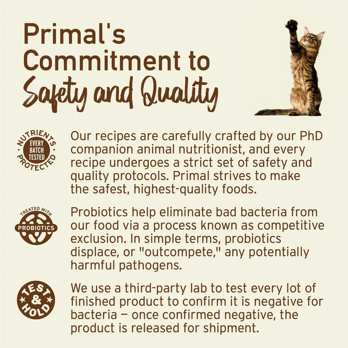 Primal Freeze Dried Chicken & Salmon for Cats showcases safety icons, a playful tabby cat, emphasizing nutrient-rich, freeze-dried convenience and probiotic-treated quality for feline nutrition.