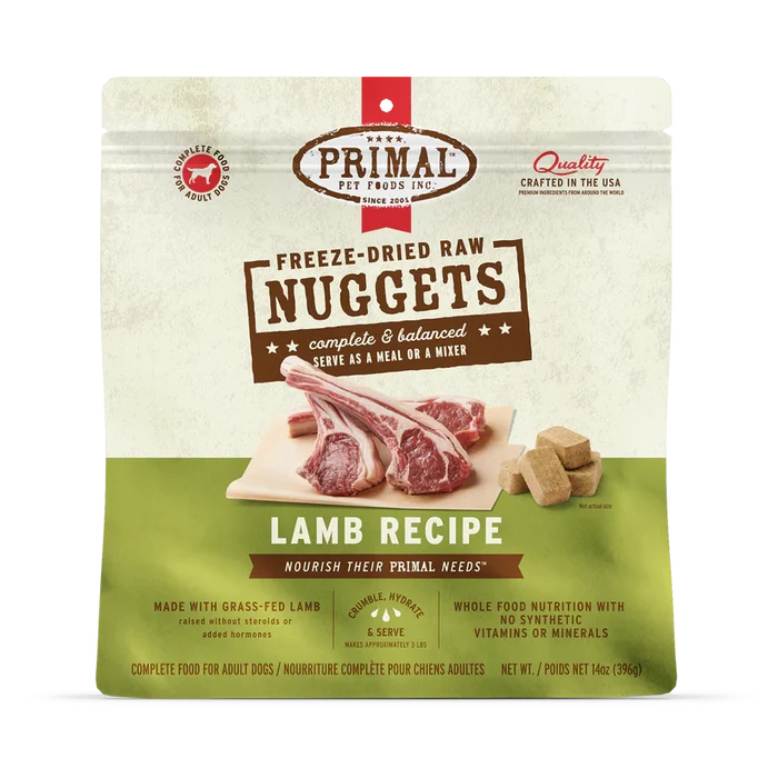 Primal Freeze Dried Lamb for Dogs bag, featuring freeze-dried raw lamb nuggets for balanced canine nutrition. Ideal as a meal or food topper.