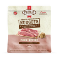 Primal Freeze Dried Pork for Dogs package showing crate-free, complete raw nutrition nuggets for adult dogs, highlighting easy crumbling and hydration features.