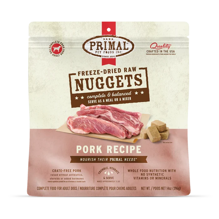 Primal Freeze Dried Pork for Dogs package showing crate-free, complete raw nutrition nuggets for adult dogs, highlighting easy crumbling and hydration features.