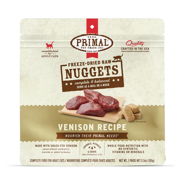 Primal Freeze Dried Venison for Cats package features raw venison images, grass-fed claims, and usage instructions, emphasizing a complete, balanced, freeze-dried raw diet.
