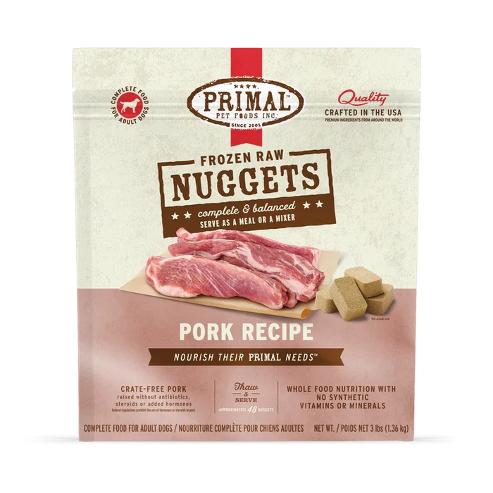 Primal Frozen Pork for Dogs: Front label of a 3 lb bag of raw, crate-free pork nuggets for dogs, highlighting its complete, balanced nutrition and easy-to-portion format.